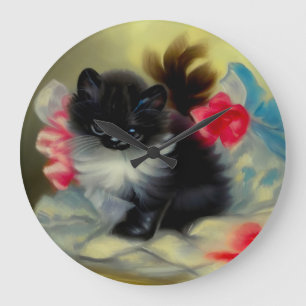 Vintage Schwarz-Weiß-Kittenmalerei Große Wanduhr