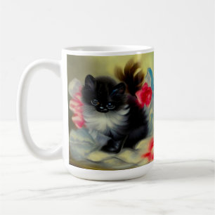 Vintage Schwarz-Weiß-Kittenmalerei Kaffeetasse