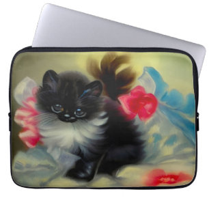 Vintage Schwarz-Weiß-Kittenmalerei Laptopschutzhülle