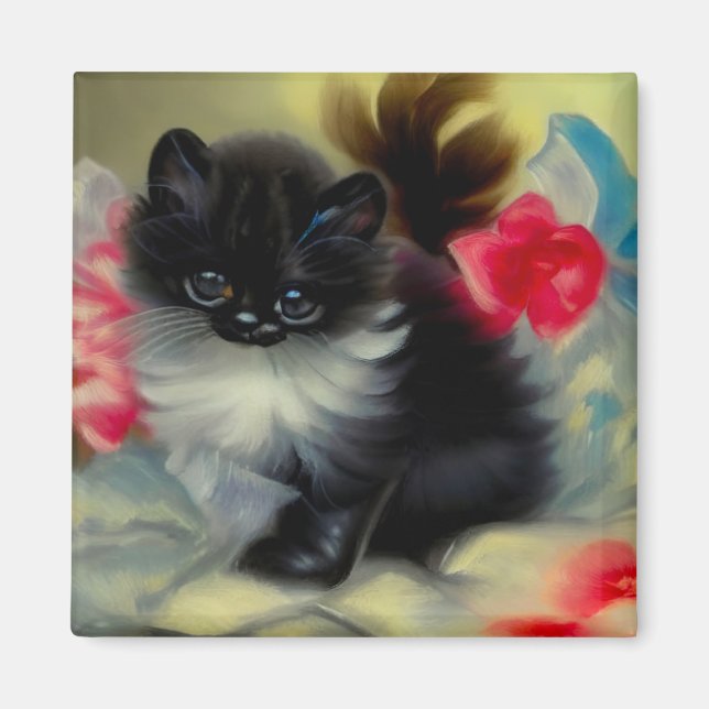 Vintage Schwarz-Weiß-Kittenmalerei Magnet (Vorne)