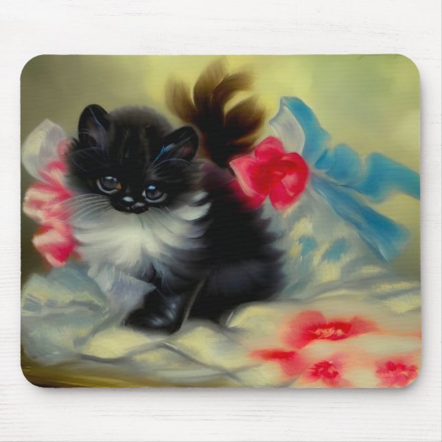 Vintage Schwarz-Weiß-Kittenmalerei Mousepad (Vorne)