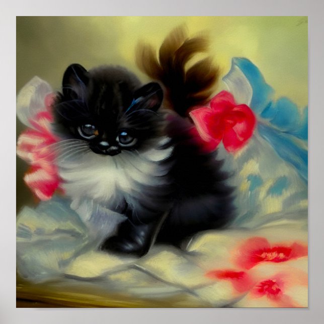 Vintage Schwarz-Weiß-Kittenmalerei Poster (Vorne)