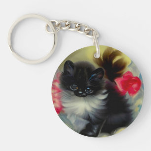 Vintage Schwarz-Weiß-Kittenmalerei Schlüsselanhänger