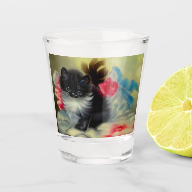 Vintage Schwarz-Weiß-Kittenmalerei Schnapsglas (Vorderseite)