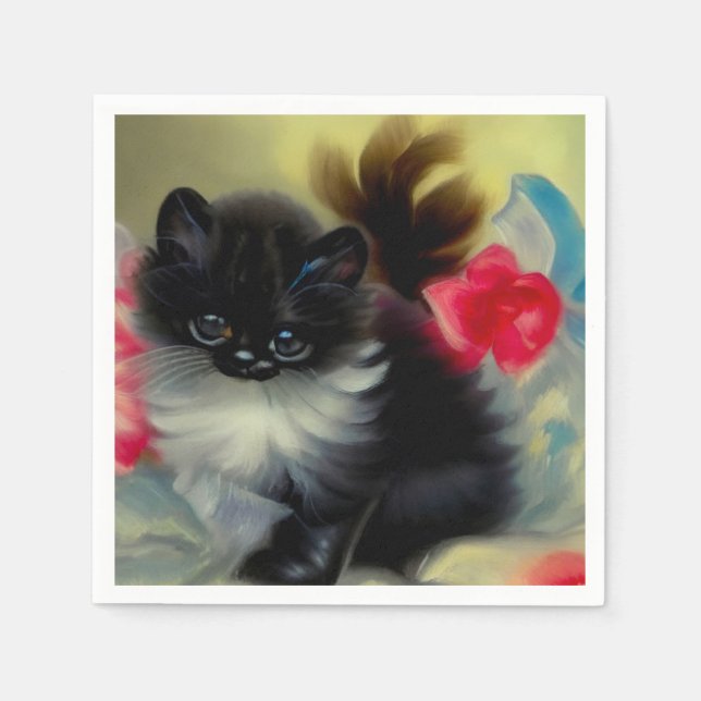 Vintage Schwarz-Weiß-Kittenmalerei Serviette (Vorderseite)