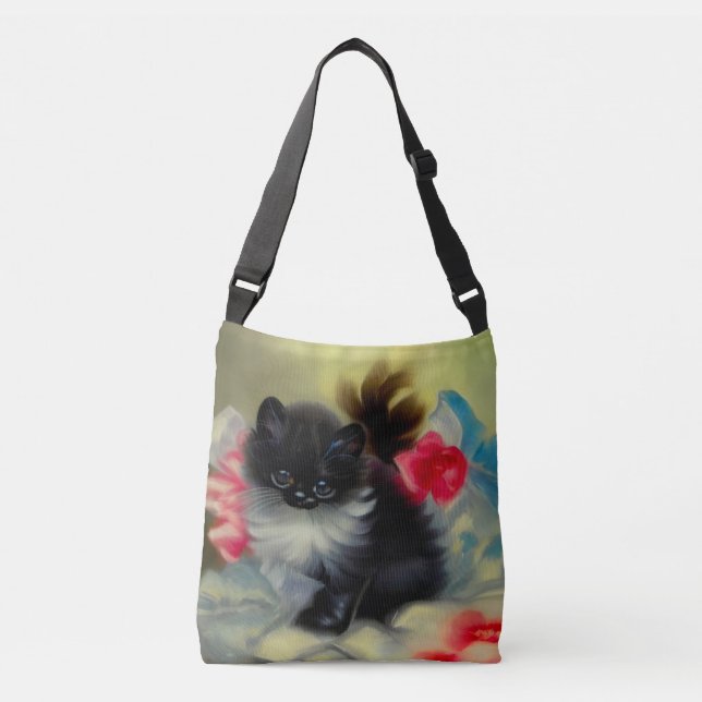 Vintage Schwarz-Weiß-Kittenmalerei Tragetaschen Mit Langen Trägern (Vorderseite)