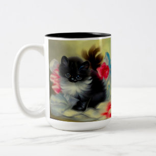Vintage Schwarz-Weiß-Kittenmalerei Zweifarbige Tasse