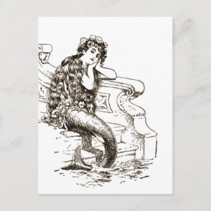 Vintage Schwarz-Weiß-Meerjungfrau-Zeichnung Postkarte