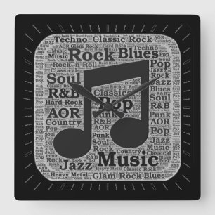 Vintage Schwarz-Weiß-Musik Genres Quadratische Wanduhr