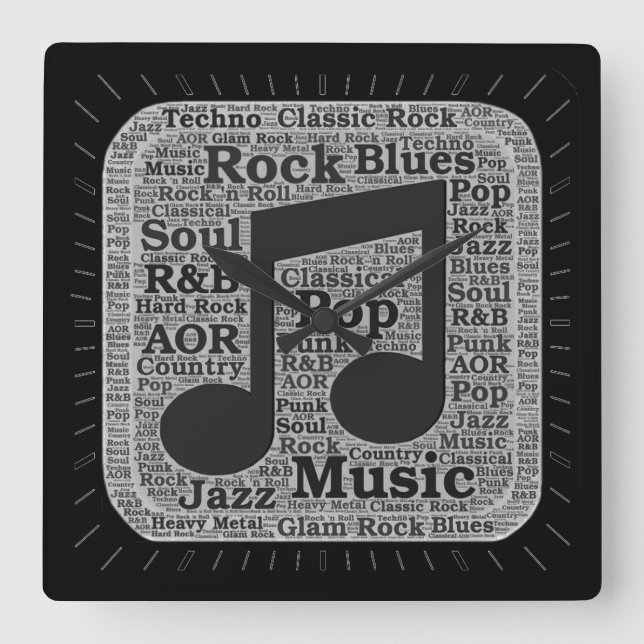 Vintage Schwarz-Weiß-Musik Genres Quadratische Wanduhr (Vorderseite)