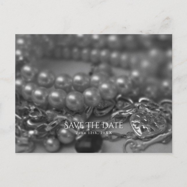 Vintage Schwarz-Weiß-Perlen Save the Date Ankündigungspostkarte (Vorderseite)