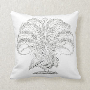 Vintage Schwarz-Weiß-Pfau-Zeichnung Kissen