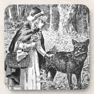 Vintage Schwarz Weiß Rotkäppchen Wolf im Wald Getränkeuntersetzer