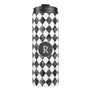 vintage Schwarz-Weiß-Schachbrett-Monogramm Thermosbecher