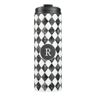 vintage Schwarz-Weiß-Schachbrett-Monogramm Thermosbecher