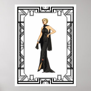 Vintage Schwarz-Weiß-Seidenkleid der 1930er Jahre Poster