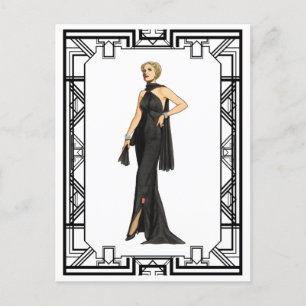 Vintage Schwarz-Weiß-Seidenkleid der 1930er Jahre Postkarte