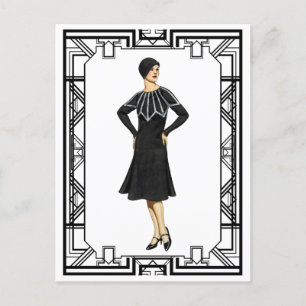 Vintage Schwarz-Weiß-Strickkleid aus den 1930er Ja Postkarte
