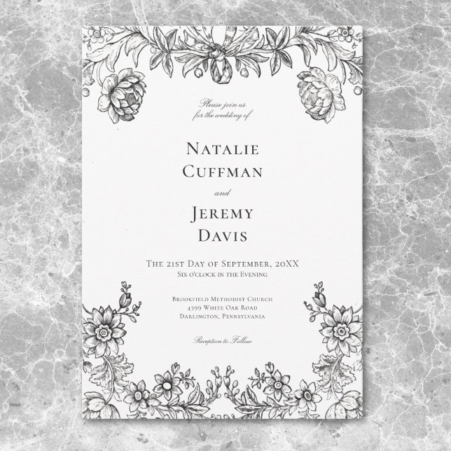 Vintage Schwarz-Weiß-Tapisserie Einladung (Vintage Black & White Tapestry Floral Wedding Invitation)