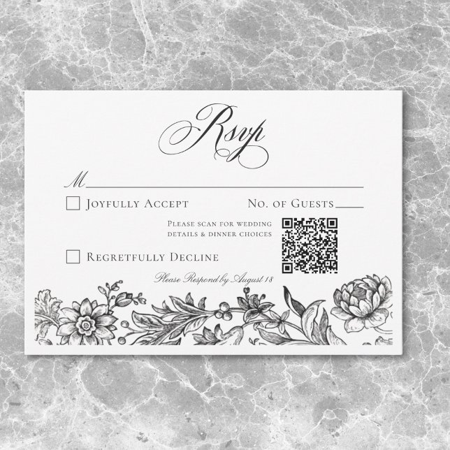 Vintage Schwarz-Weiß-Tapisserie-Hochzeit RSVP Karte (Vintage Black & White Tapestry Floral Wedding RSVP Card)