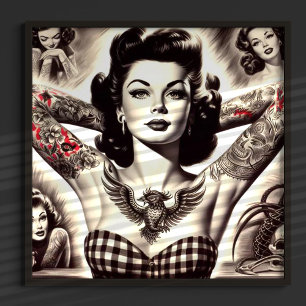 Vintage Schwarz-Weiß-Tätowierte Pin-up-Zeichnung Poster