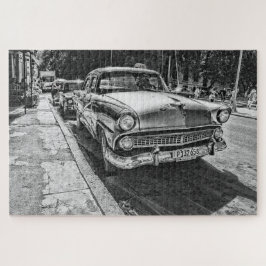 Vintage Schwarz-Weiß-Taxi-Straße-Szene Puzzle