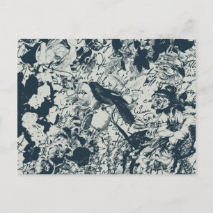 Vintage Schwarz-Weiß-Vogel-Blumen- und Schriftzugd Postkarte