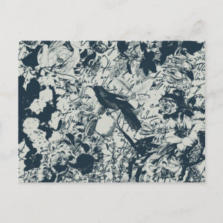 Vintage Schwarz-Weiß-Vogel-Blumen- und Schriftzugd Postkarte
