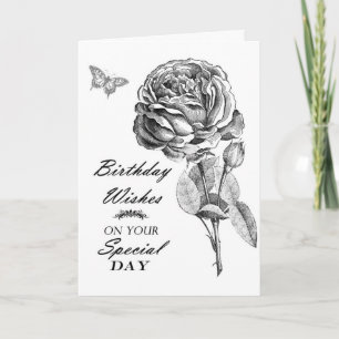 Vintage Schwarz-weiß zeichnend Rose Blume Geburtst Karte