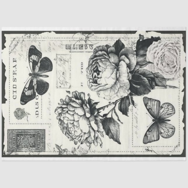 Vintage schwarz-weiße Bäuche und Schmetterlinge Seidenpapier (Vorderseite)