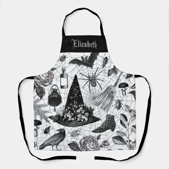 Vintage Schwarz-weiße Halloween-Hexe Schürze (Vorderseite)