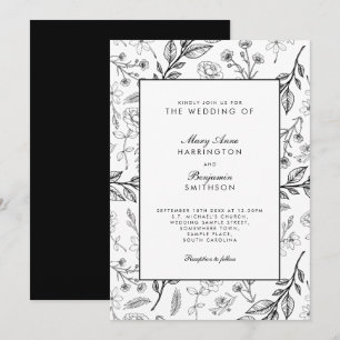 Vintage Schwarz-weiße Hochzeit mit Flora Einladung