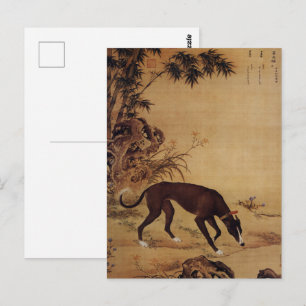 Vintage Schwarz Windhund & Rosa Blüten Postkarte