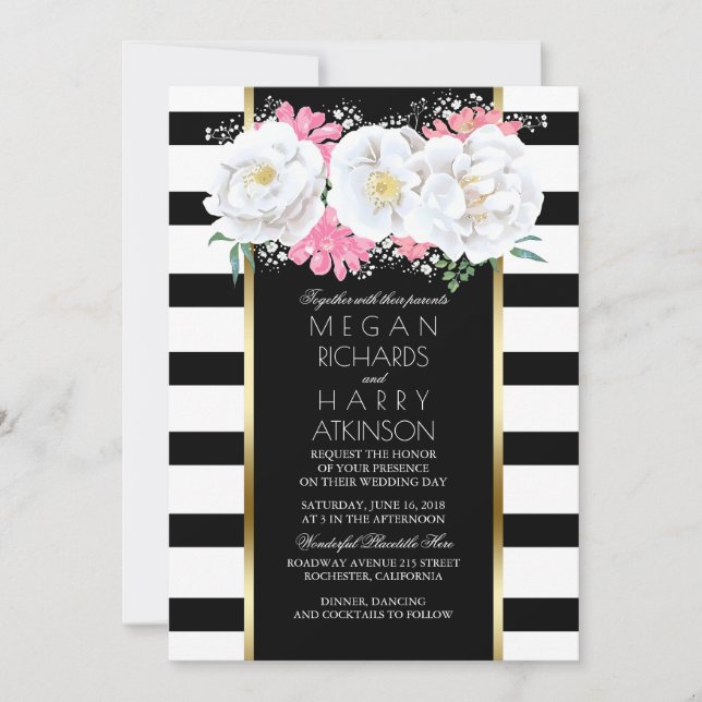 Vintage Schwarze Blütengoldblütenhochzeit Einladung (Vorderseite)