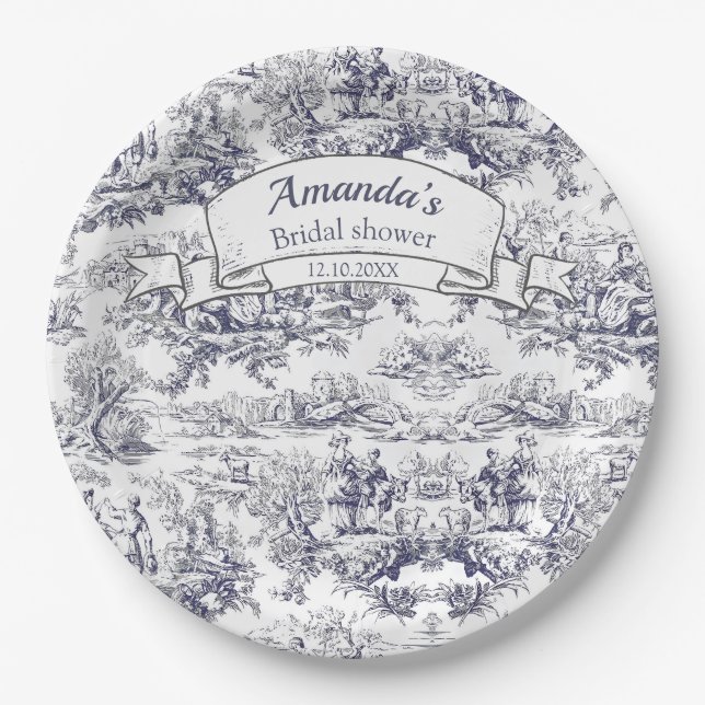 Vintage schwarze Blütentoile de jouy Brautparty Pappteller (Vorderseite)