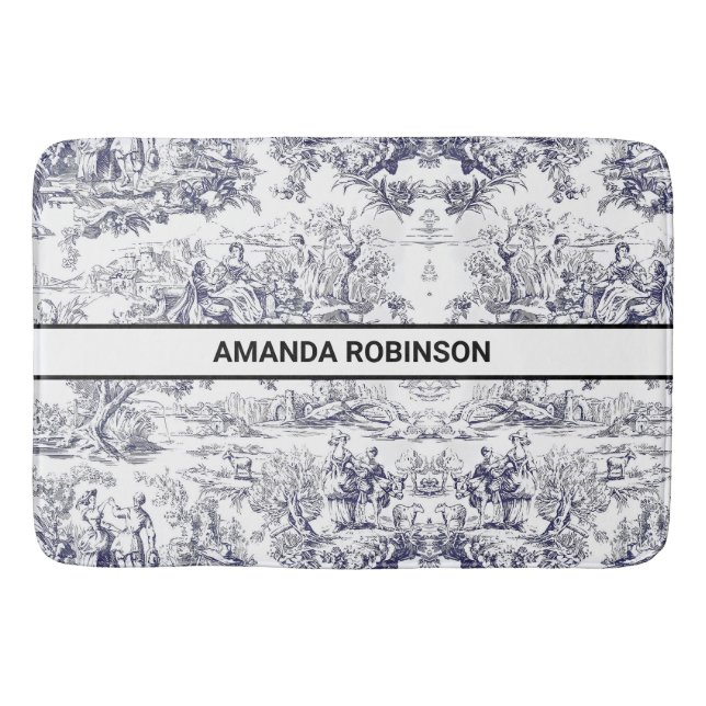 Vintage schwarze Blütentoile de jouy monogram Badematte (Vorderseite)