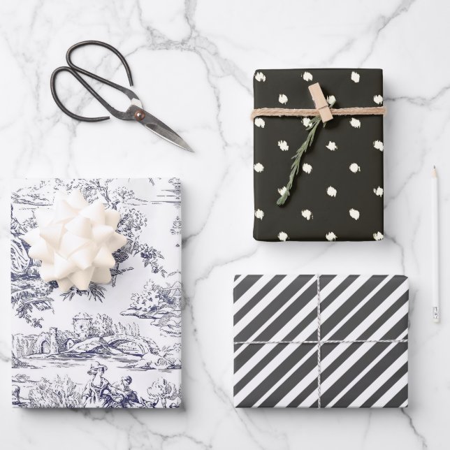 Vintage schwarze Blütentoile de jouy monogram Geschenkpapier Set (Vorderseite)