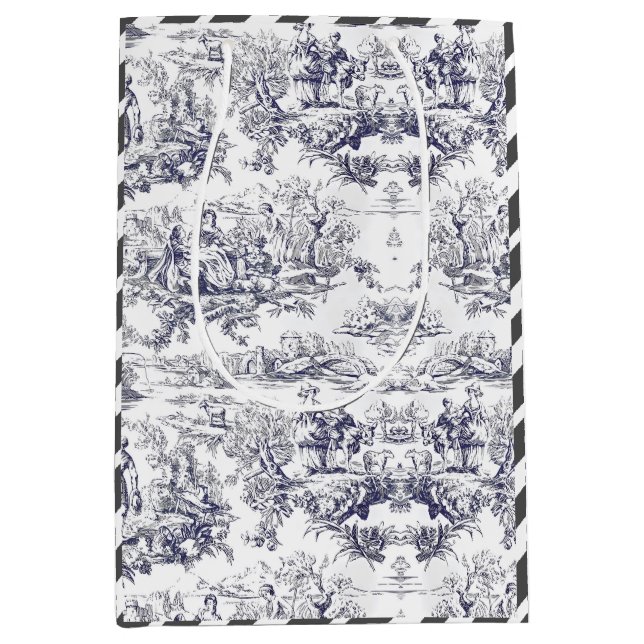 Vintage schwarze Blütentoile de jouy monogram Mittlere Geschenktüte (Vorderseite)