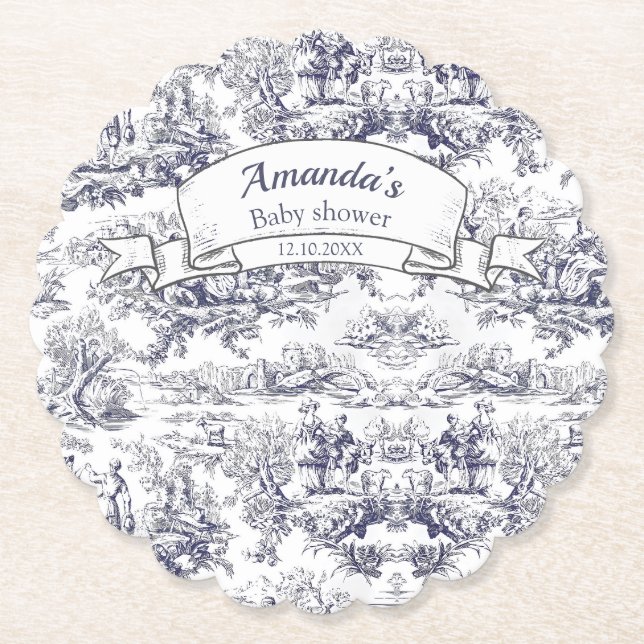 Vintage schwarze Blütentoile de jouy monogram Untersetzer (Vorderseite)