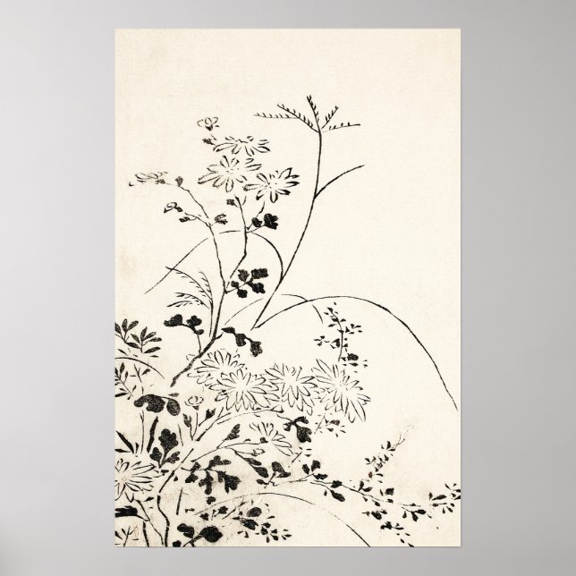 Vintage Schwarze Flora Sketch Poster (Vorne)