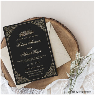 Vintage Schwarze-Gold-Islamische Hochzeit Einladung