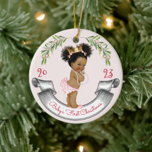 Vintage Schwarze Haare Baby's erstes Weihnachten R Keramik Ornament
