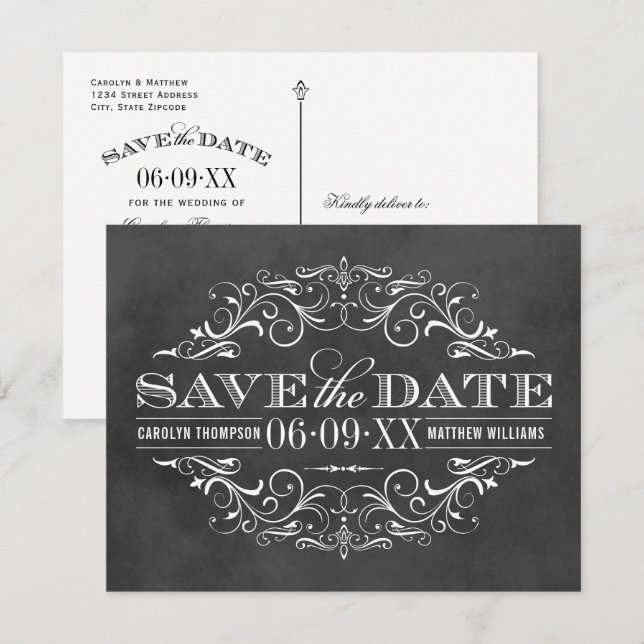 Vintage Schwarze Halbpension Blühend Hochzeit Save The Date (Vorne/Hinten)