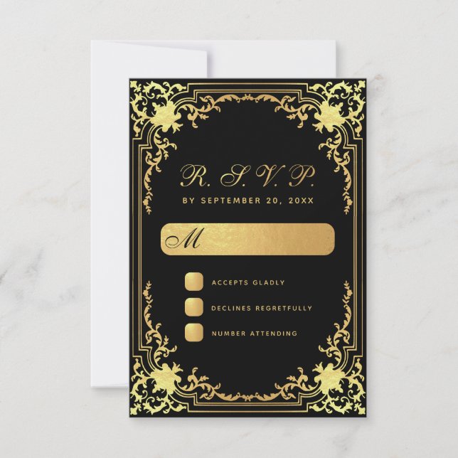 Vintage Schwarze Imitate Gold Script Hochzeit RSVP Karte (Vorderseite)