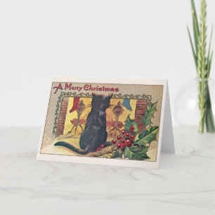 Vintage Schwarze Katze am Kamin Weihnachtskarte Feiertagskarte