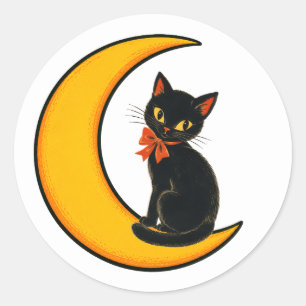 Vintage Schwarze Katze auf Halbmond Halloween Runder Aufkleber