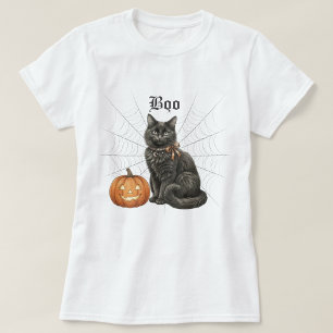 Vintage-Schwarze-Katze-"Boo"-Halloween-Kürbislater T-Shirt