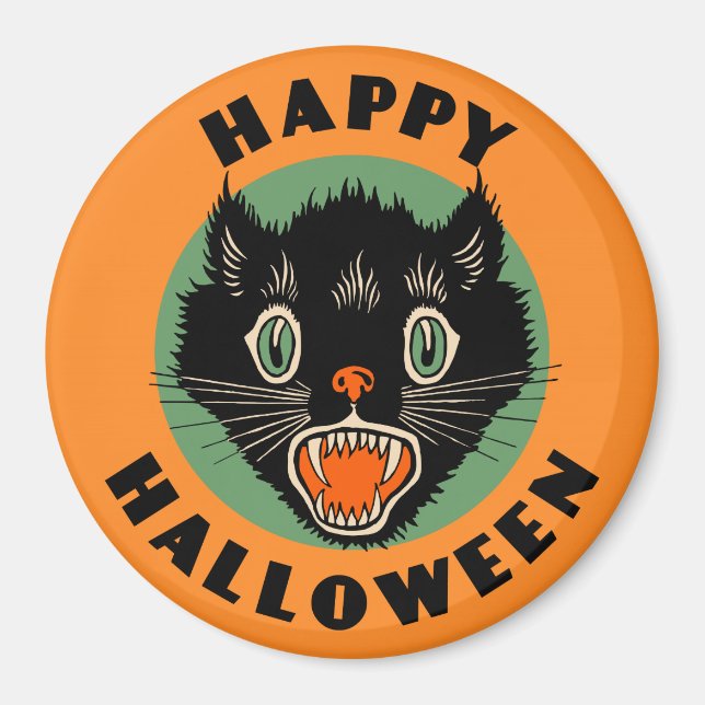 Vintage Schwarze Katze - glückliches Halloween Magnet (Vorne)
