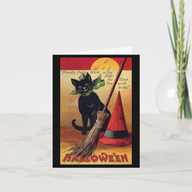 Vintage schwarze Katze Halloweens, der Besen der Karte (Vorderseite)