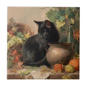 Vintage schwarze Katze im Herbst Früchte Fliese